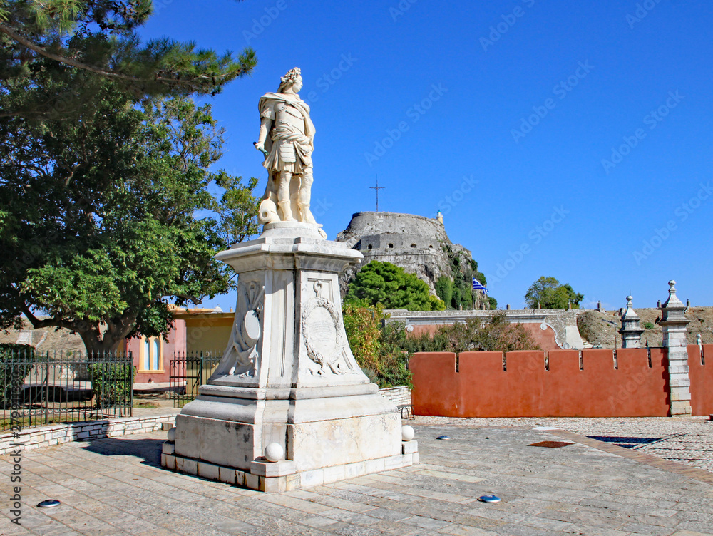 The marble statue of Count Johann Matthias von der Schulenburg by the old fortress in Corfu town. I was erected in memorial of his defeat of the Ottoman Turks in 1716