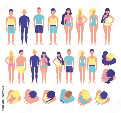 group of young people with beach costumes bundle characters