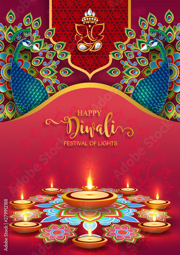 Diwali, Deepavali or Dipavali the festival of lights india with gold diya patterned and crystals on paper color Background.