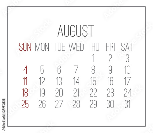 August year 2019 monthly calendar