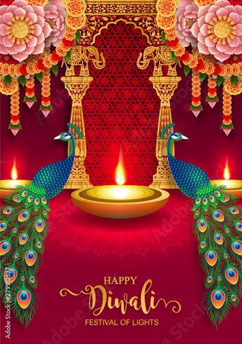 Diwali, Deepavali or Dipavali the festival of lights india with gold diya patterned and crystals on paper color Background.