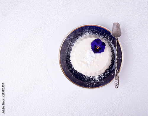 Panna cotta of wite cocolate and wiped cream decorated edible violet flower on dark blue sauser over on whitw background dusted with shugar powder. Top view. Overhead. photo