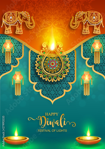 Diwali, Deepavali or Dipavali the festival of lights india with gold diya patterned and crystals on paper color Background.