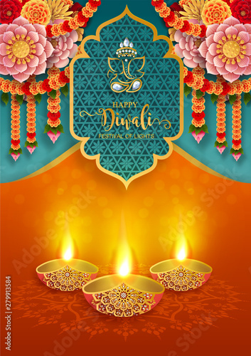 Diwali, Deepavali or Dipavali the festival of lights india with gold diya patterned and crystals on paper color Background.