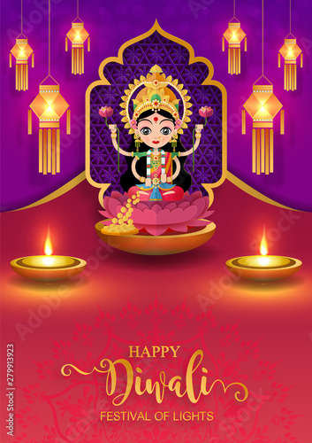 Diwali, Deepavali or Dipavali the festival of lights india with gold diya patterned and crystals on paper color Background.