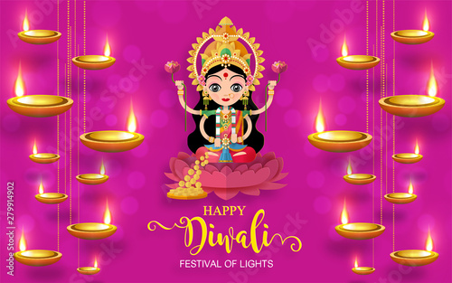 Diwali, Deepavali or Dipavali the festival of lights india with gold diya patterned and crystals on paper color Background.