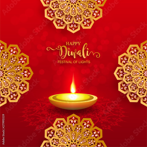 Diwali, Deepavali or Dipavali the festival of lights india with gold diya patterned and crystals on paper color Background.