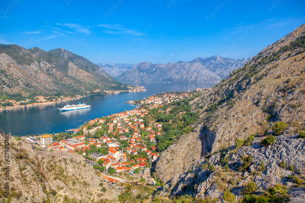 Aerial panorama of mountains and Kotor Bay 