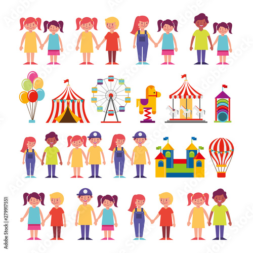 group of kids and amusement park bundle characters