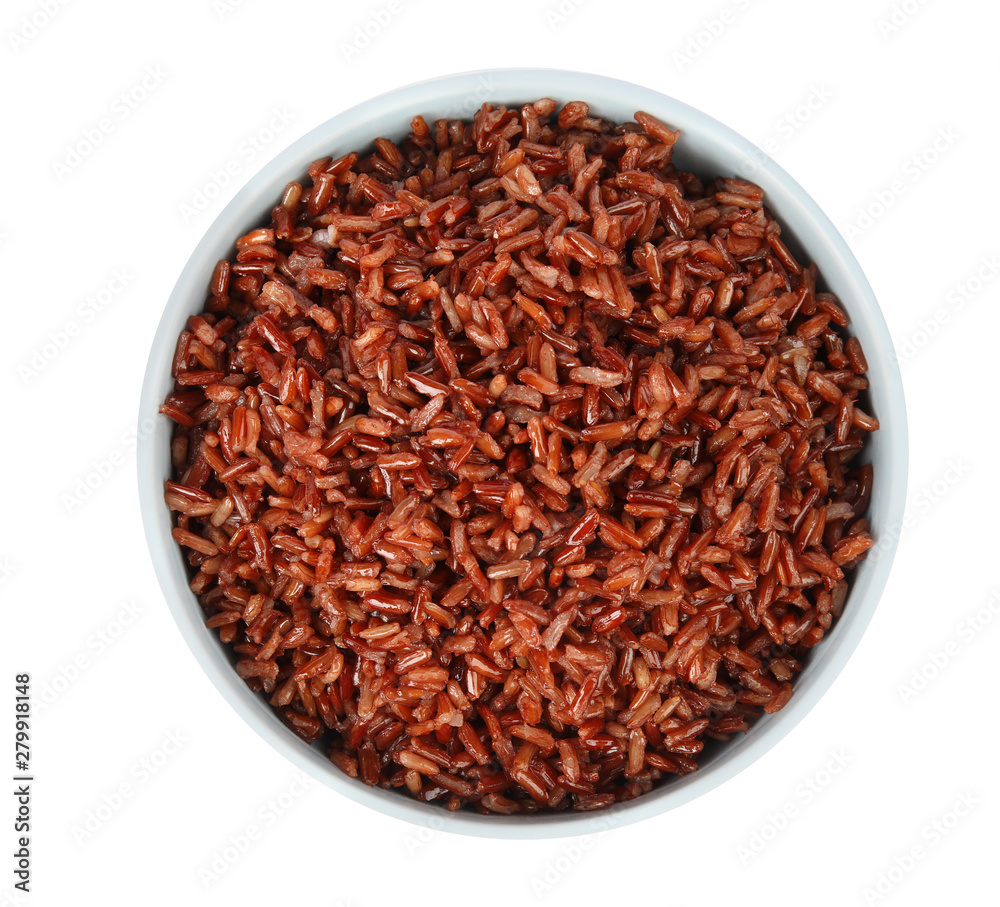 Bowl with delicious cooked brown rice on white background, top view Bowl with delicious cooked brown rice on white background, top view