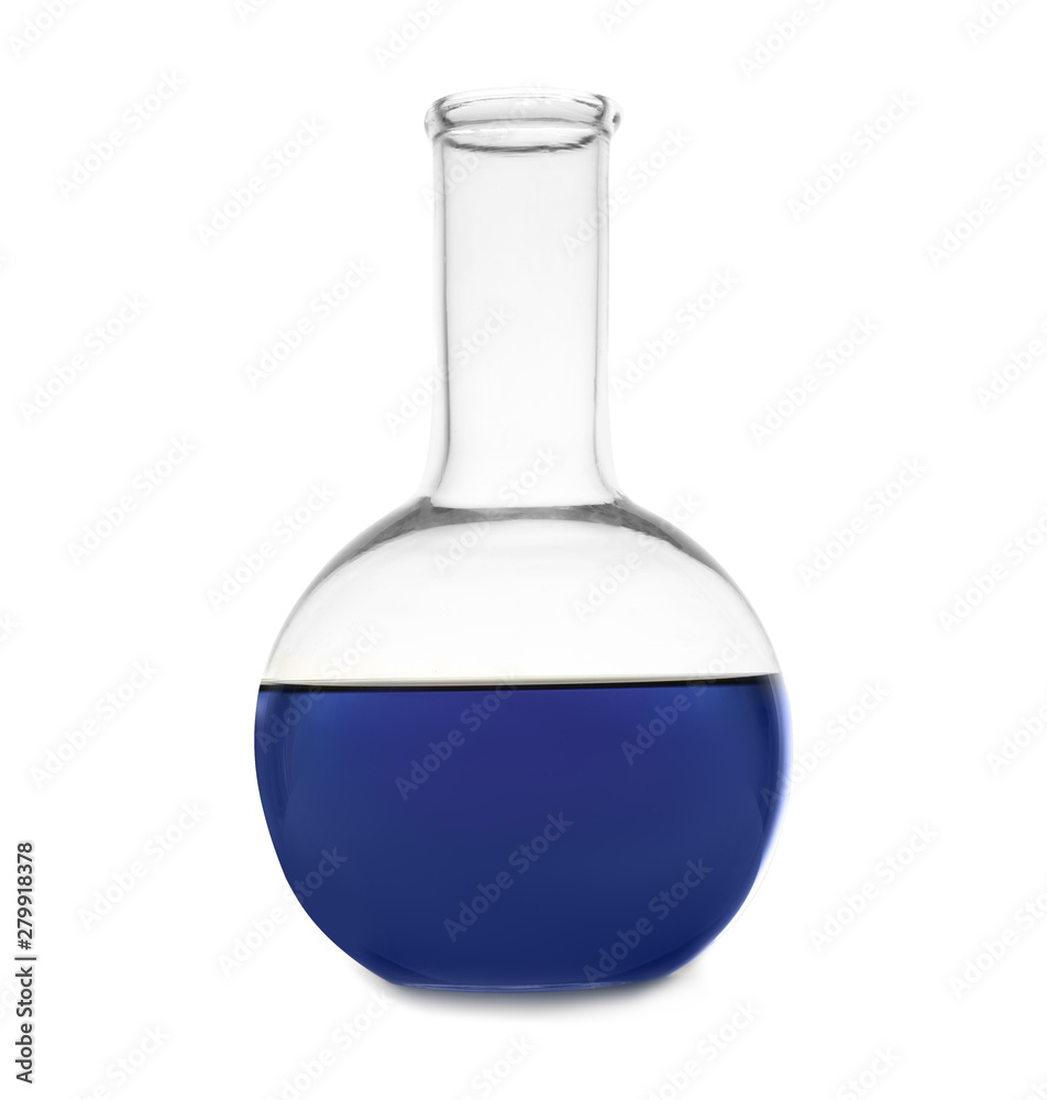 Flask with color sample isolated on white. Chemistry glassware Flask with color sample isolated on white. Chemistry glassware