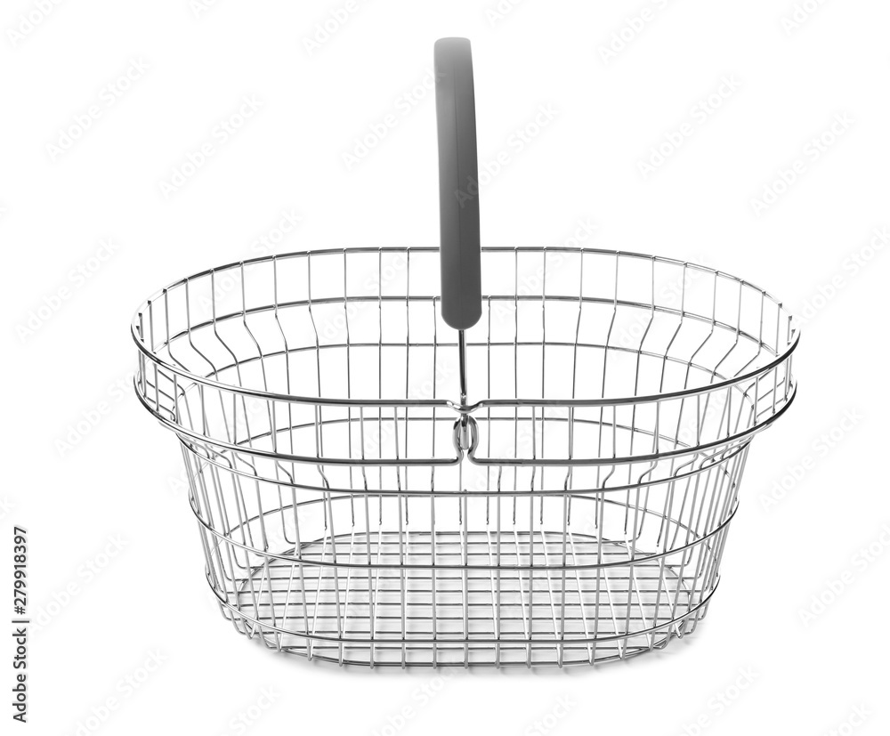 Empty metal shopping basket on white background Empty metal shopping basket on white background