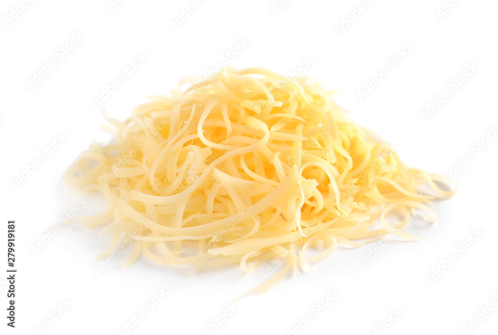 Heap of grated delicious cheese on white background Heap of grated delicious cheese on white background