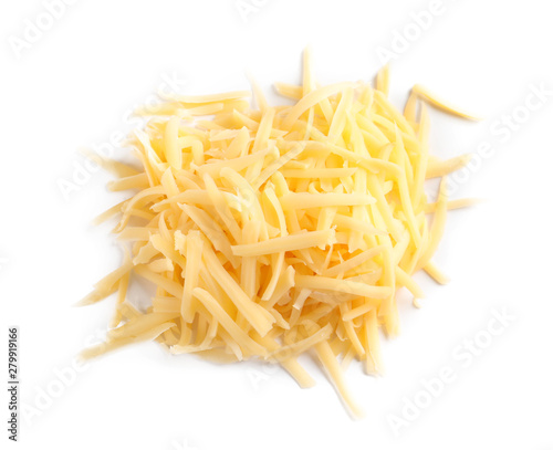 Heap of grated delicious cheese on white background