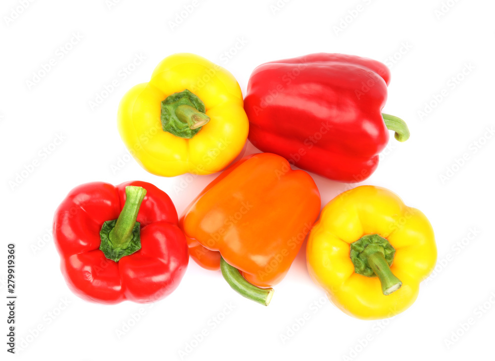 Fresh ripe bell peppers on white background, top view Fresh ripe bell peppers on white background, top view