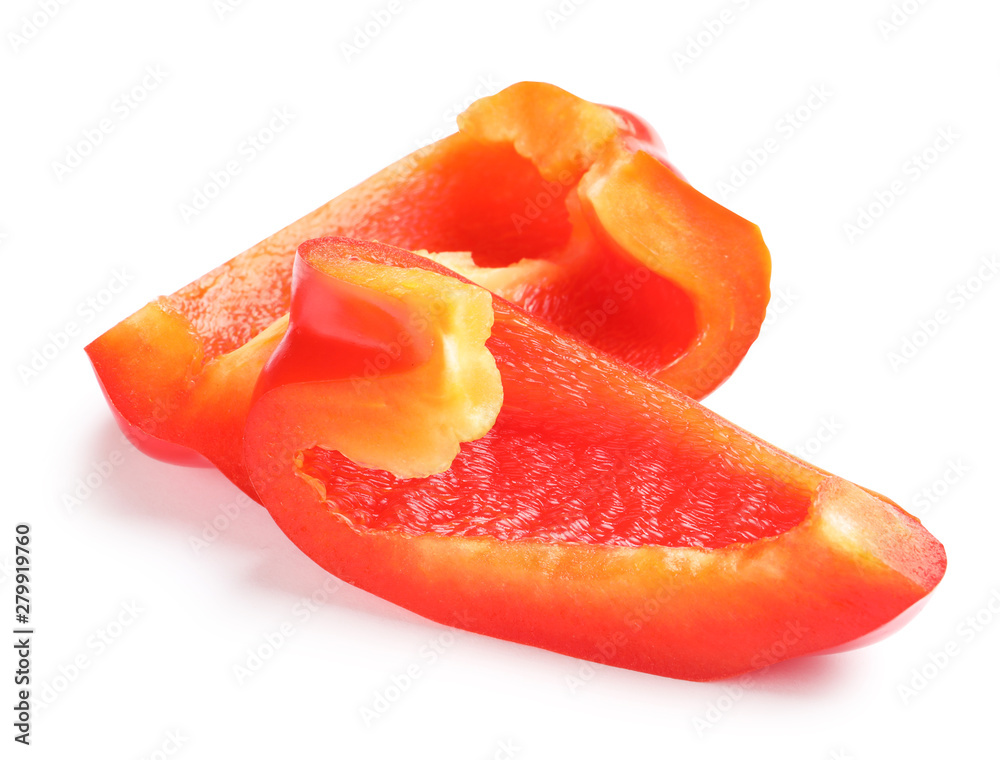 Slices of ripe red bell pepper on white background Slices of ripe red bell pepper on white background