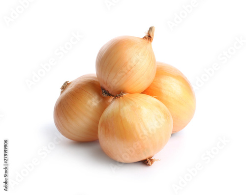 Fresh ripe onion bulbs on white background