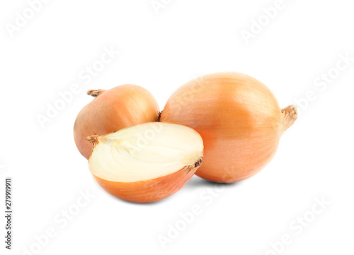Fresh onions on white background. Ripe vegetable