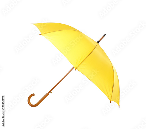 Modern opened yellow umbrella isolated on white