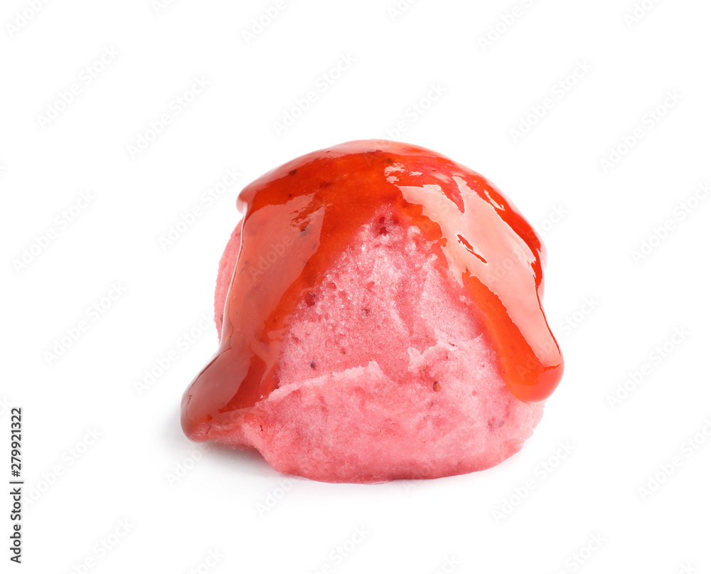 Scoop of delicious strawberry ice cream with syrup on white background Scoop of delicious strawberry ice cream with syrup on white background