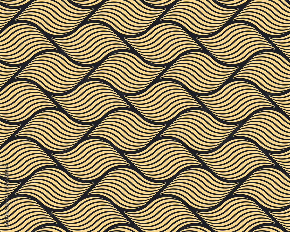 Seamless black and gold op art illusion woven waves pattern vector