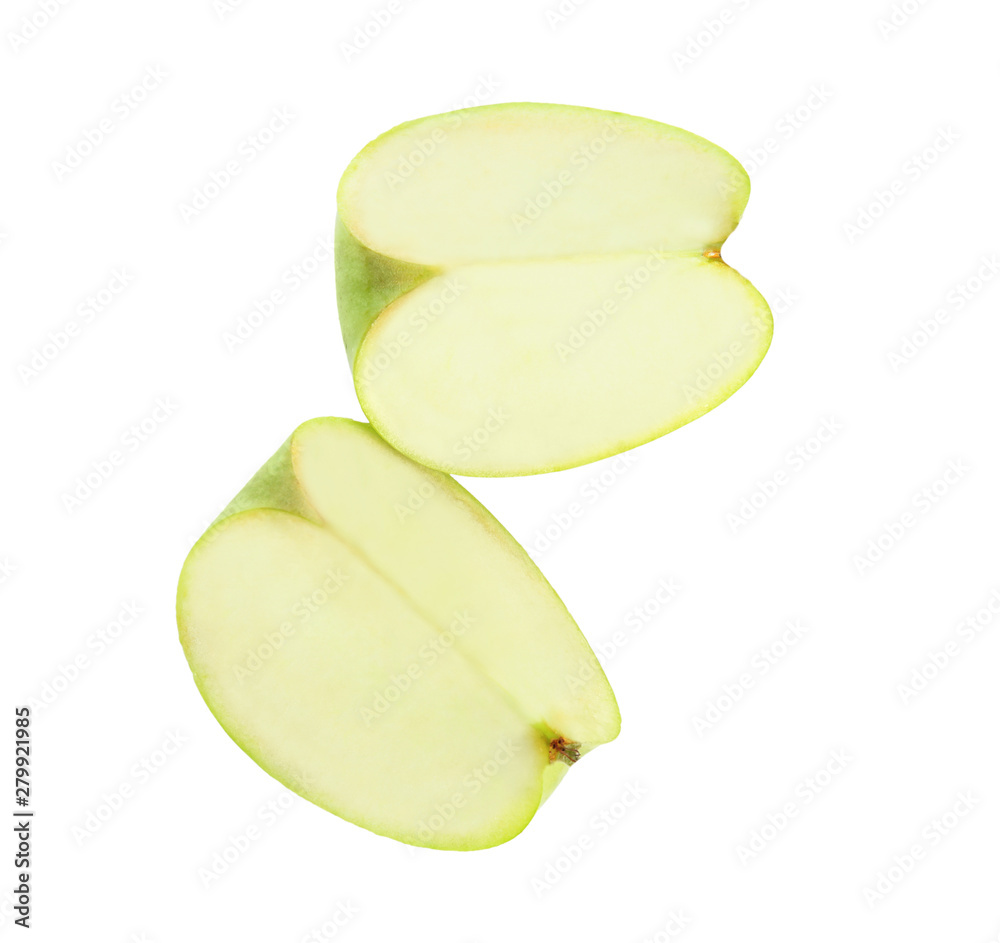 Pieces of fresh green apple on white background, top view Pieces of fresh green apple on white background, top view