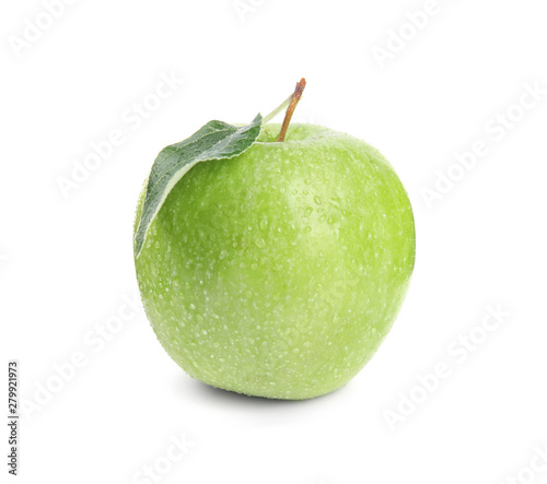 Fresh ripe green apple with water drops and leaf on white background