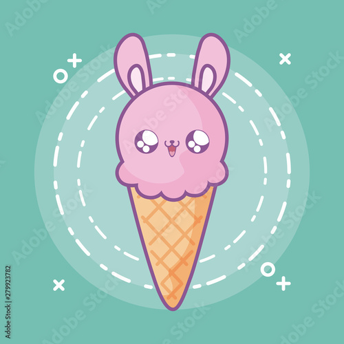 delicious ice cream in cone with face rabbit kawaii style