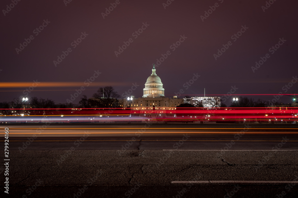 Capitol Building at Night with Light Trails in Washington, DC