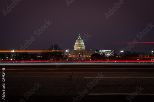 United States Capitol Building at Night with Light Trails