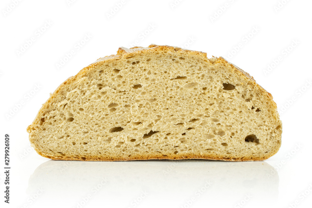 One half of fresh baked rye wheat bread cross section isolated on white background