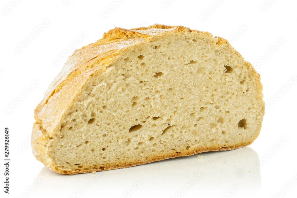 One half of fresh baked rye wheat bread isolated on white background