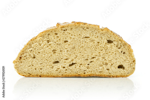 One half of fresh baked rye wheat bread cross section isolated on white background