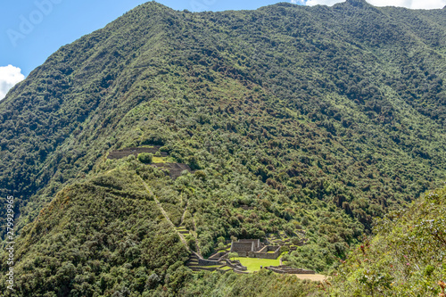 Choquequirao ancient archaeological complex that towers above the Apurimac River canyon and rests atop a flattened hill photo
