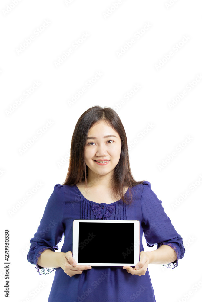 Portrait of Asian woman in blue shirt showing the empty black screen tablet close up. Isolated on white background. Portrait of Asian woman in blue shirt showing the empty black screen tablet close up. Isolated on white background.