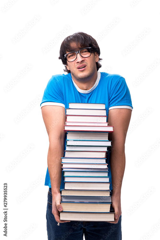 Male student with many books isolated on white Male student with many books isolated on white