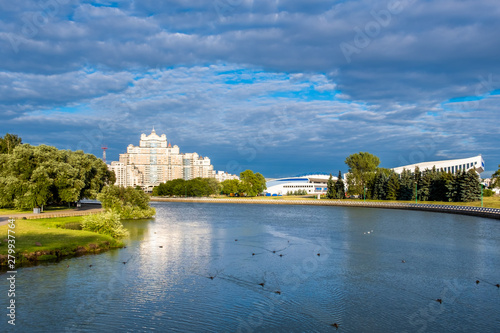 Residential buildings complex on banks of river Svislach in Minsk, Belarus
