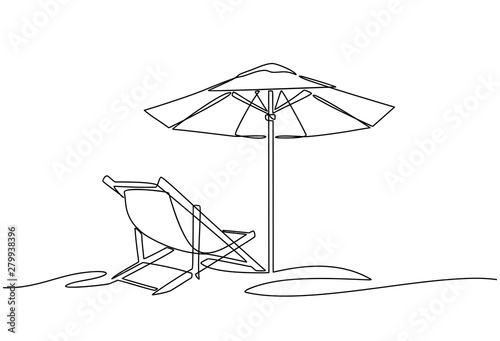Stampa su tela Continuous line drawing of beach umbrella and chairs