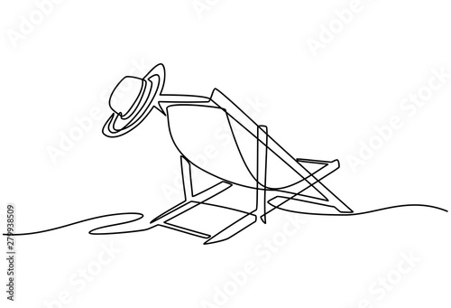 Continuous line drawing of beach umbrella and chairs. summer vacation concept. Coast of the sea, umbrella, chaise longue. Summer background illustration for beach holiday isolated on white background.