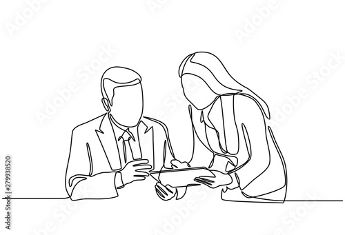 Continuous line drawing of businessmen and businesswomen discuss their strategies with laptops in the office. Talk and discuss something. Business meeting in office isolated on white background.