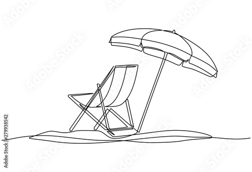 Continuous line drawing of beach umbrella and chairs. summer vacation concept. Coast of the sea, umbrella, chaise longue. Summer background illustration for beach holiday isolated on white background.