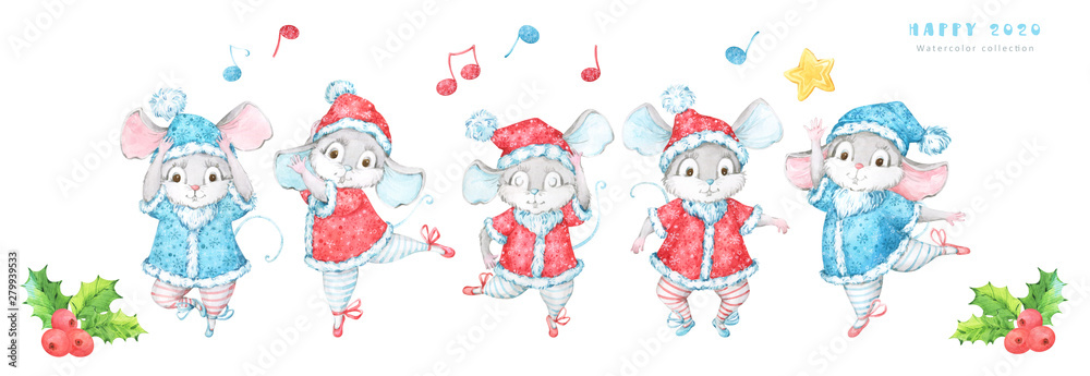 Cute and festive 2020 New Year and Christmas banner with five hand painted watercolor mice, rats, in red and blue costumes decorated with mistletoe, musical notes and a star Cute and festive 2020 New Year and Christmas banner with five hand painted watercolor mice, rats, in red and blue costumes decorated with mistletoe, musical notes and a star