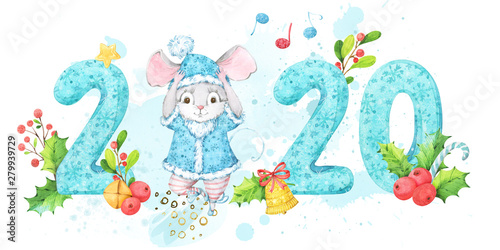Horizontal 2020 New Year banner with turquoise hand painted patterned numbers and cute mouse, rat in blue costume. Background decorated with notes, leaves berries, branches, bells and mistletoe