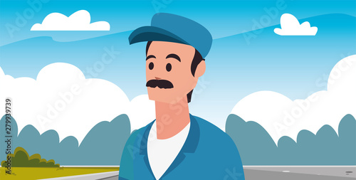worker cleaning man in uniform and cap