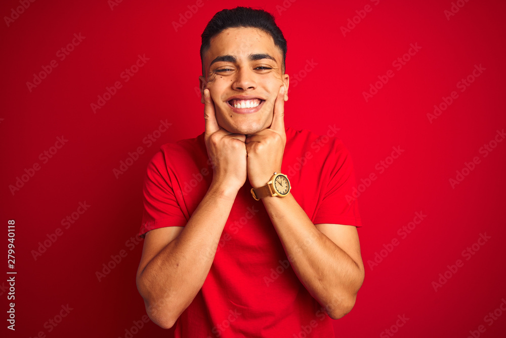 Young brazilian man wearing t-shirt standing over isolated red background Smiling with open mouth, fingers pointing and forcing cheerful smile