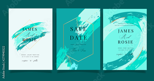 Green turquoise Wedding invitation, RSVP, thank you cards. Vector elegant rustic template. Swirls of marble or the ripples of agate. Liquid marble texture and Golden metallic. Fluid art. 