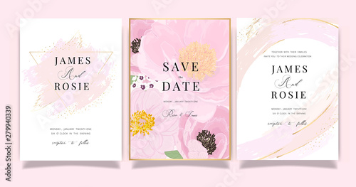 Marble Summer Flower Wedding Invitation set, floral invite thank you, rsvp modern card Design in Pink peony and white  floral with leaf greenery  branches decorative Vector elegant rustic template