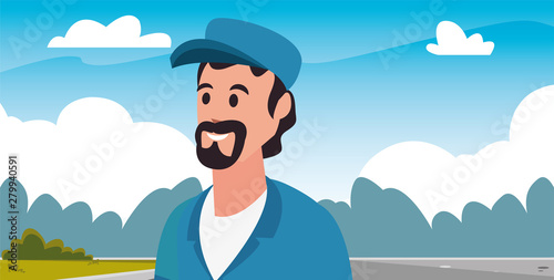 worker cleaning man in uniform and cap