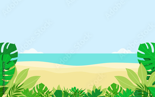Scene of green tropical leaves with beach and sea. Summer concept banner template. Flat design vector illustration.