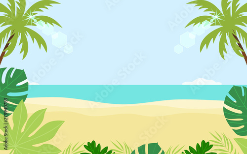 Scene of green tropical leaves with beach and sea. Summer concept banner template. Flat design vector illustration.